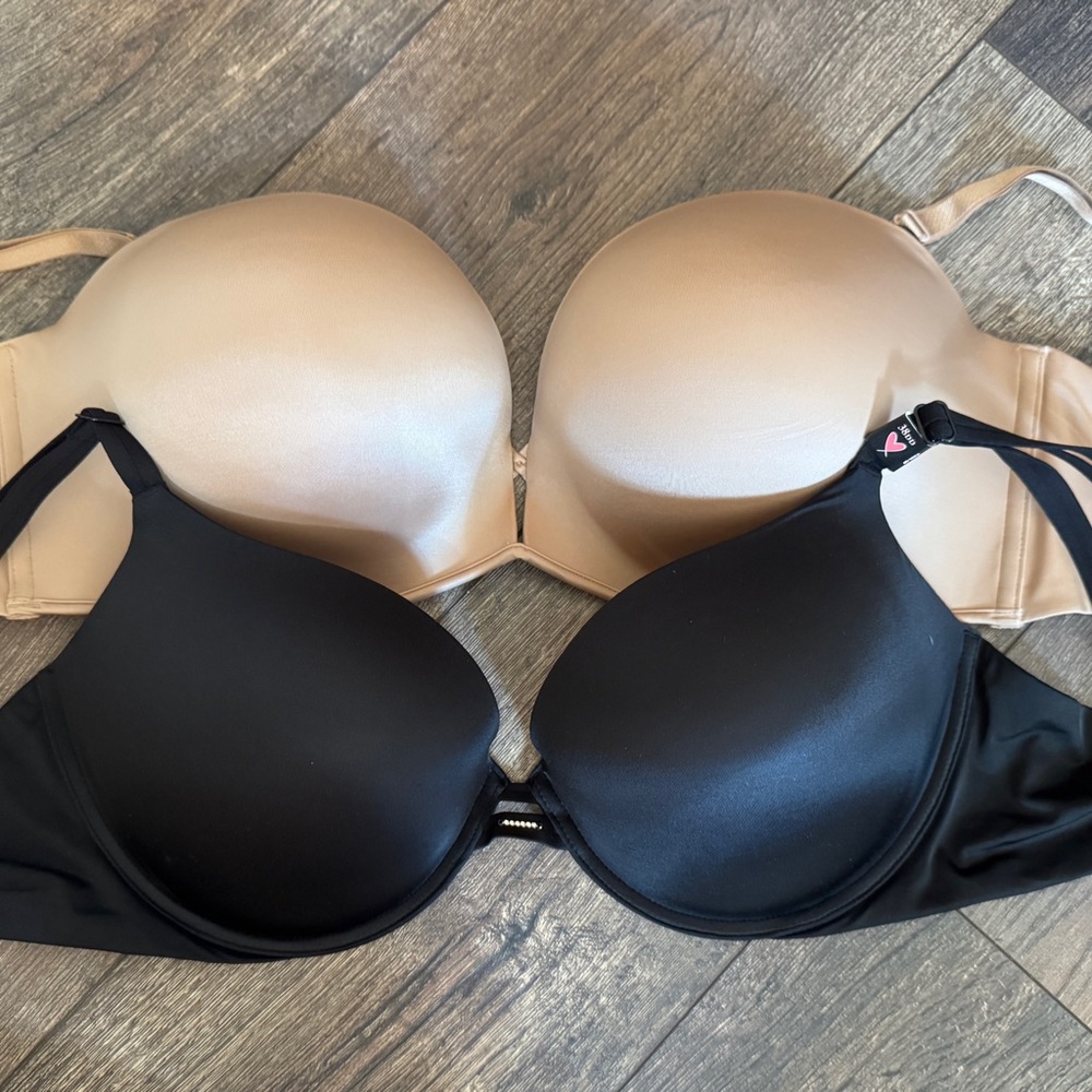 Two Victoria's Secret Push-Up Bras (Black, Nude) Size 38DD